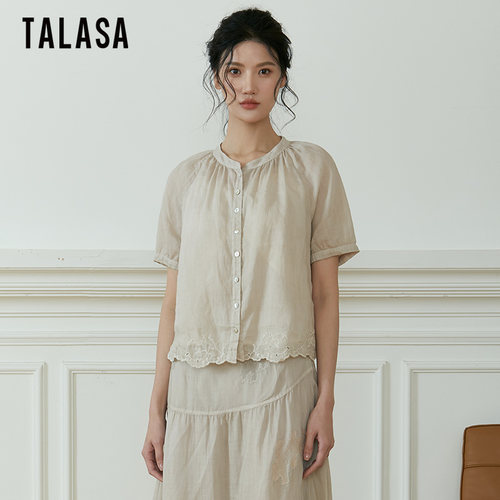 TALASA直筒百搭苎麻民族绣花衬衫