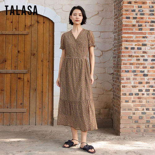 TALASA丝棉印花系带宽松连衣裙