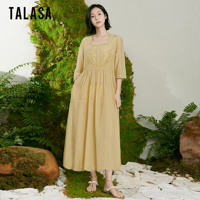 TALASA复古A字长裙丝棉蕾丝优雅