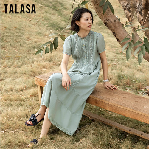 TALASA丝棉拼接蕾丝设计连衣裙