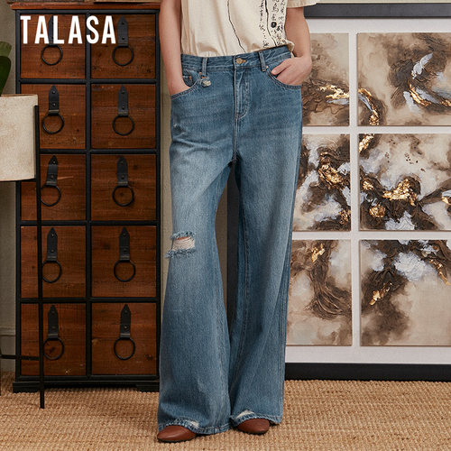 TALASA阔腿牛仔裤长裤破洞高腰