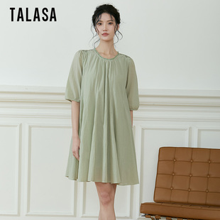 TALASA纯棉连衣裙2024年夏新款 系带收腰刺绣设计感优雅气质中长裙