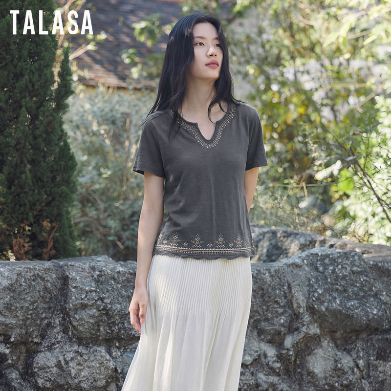TALASA商场同款纯棉小V领短袖T恤女2026夏新款刺绣显瘦百搭民族风