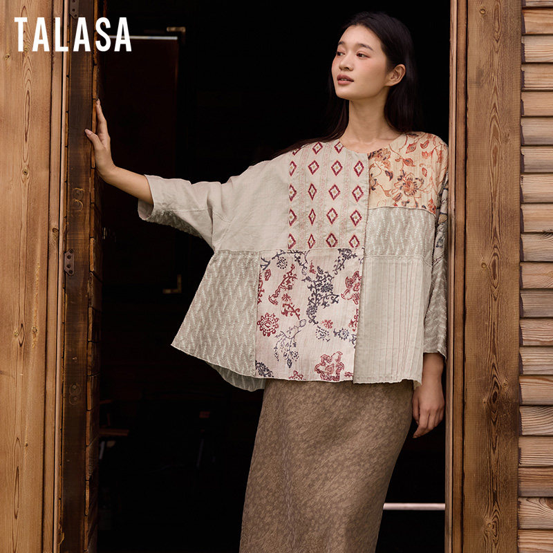 TALASA商场同款苎麻设计小众拼接中式宽松衬衫外套女2025早春新款