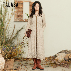 TALASA商场同款羽毛蕾丝连衣裙2025春秋新款法式复古优雅气质长裙