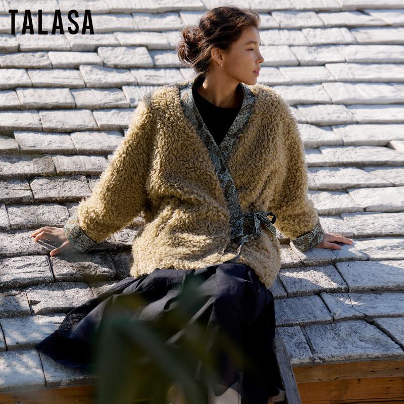 TALASA商场同款羊毛环保皮草外套女2025年冬新款中式斜襟系带设计