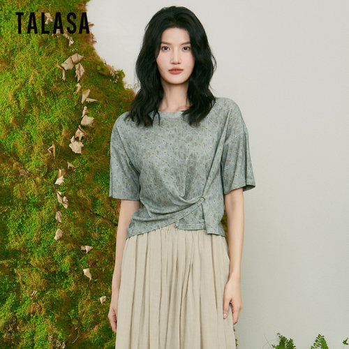 TALASA短袖T恤时尚复古棉麻印花