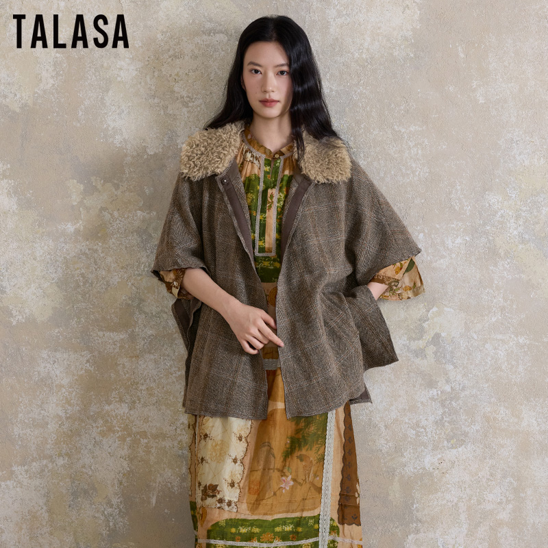 TALASA毛呢斗篷披肩毛领保暖