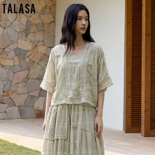 TALASA小众蕾丝拼接方领T恤套装