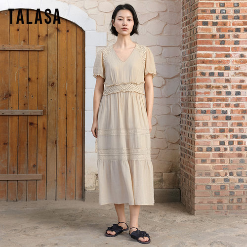 TALASA苎麻复古设计蕾丝拼接长裙
