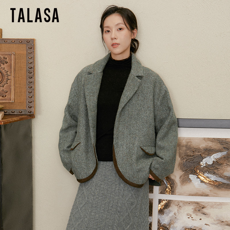 TALASA羊毛复古人字纹毛呢大衣
