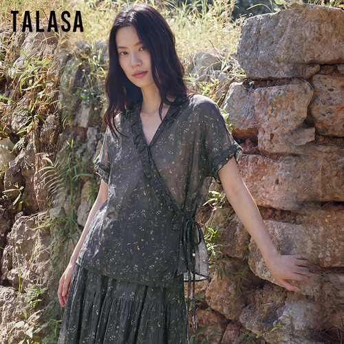 TALASA丝棉复古碎花短袖T恤女