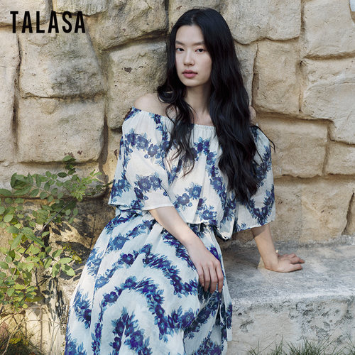 TALASA苎麻一字肩印花短款小衫