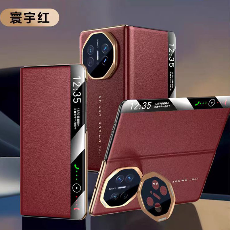 适用华为MateX6手机壳新款真皮matex5自带镜头膜全包防摔x3智能磁吸翻盖x6先锋版保护套男女超薄镜头隐形支架