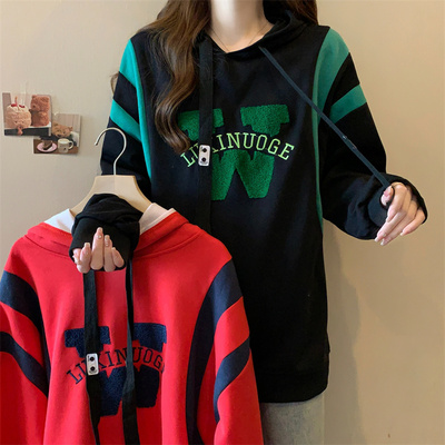 实拍 纯棉面复合超柔 加绒加厚连帽卫衣女设计感字母刺绣撞色拼接