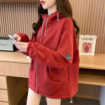 实拍 华棉纯棉复合超柔 加绒加厚连帽卫衣女双拉链拼接抽绳外套潮