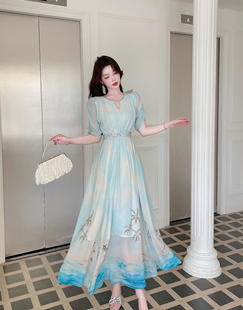 复古定位印花真丝连衣裙女2025夏季 法式 高级感别致度假沙滩长裙子