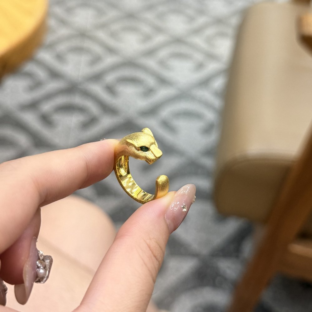 复古意大利金色拉丝豹子头戒指女