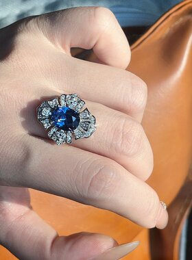新款仿真钻海蓝宝戒指锆石镶钻花