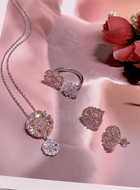 简约粉红花朵花瓣套装戒指耳钉女