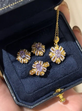 奢华高级感冰花切紫色锆石紫荆缎带耳钉戒指吊坠复古古法金三件套