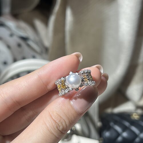 法式白色珍珠戒指女分金色开口