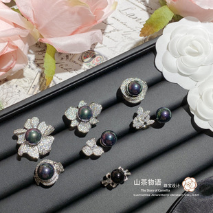 高端设计巴洛克复古花朵钢琴黑珍珠戒指女大溪地黑贝珠活口指环