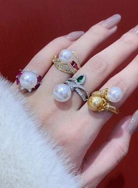 天然贝珠媲美珍珠戒指满钻百搭女