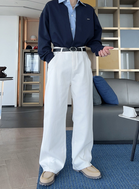简约痞帅白色牛仔裤男装宽松直筒裤韩版纯棉阔腿百搭cleanfit裤子