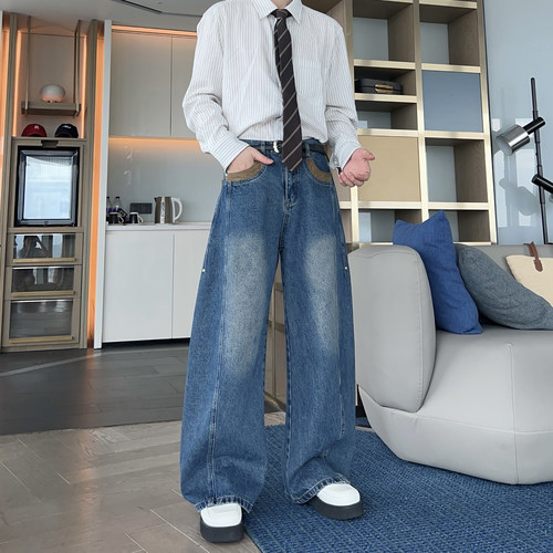 百搭潮流立体剪裁蓝色牛仔阔腿裤