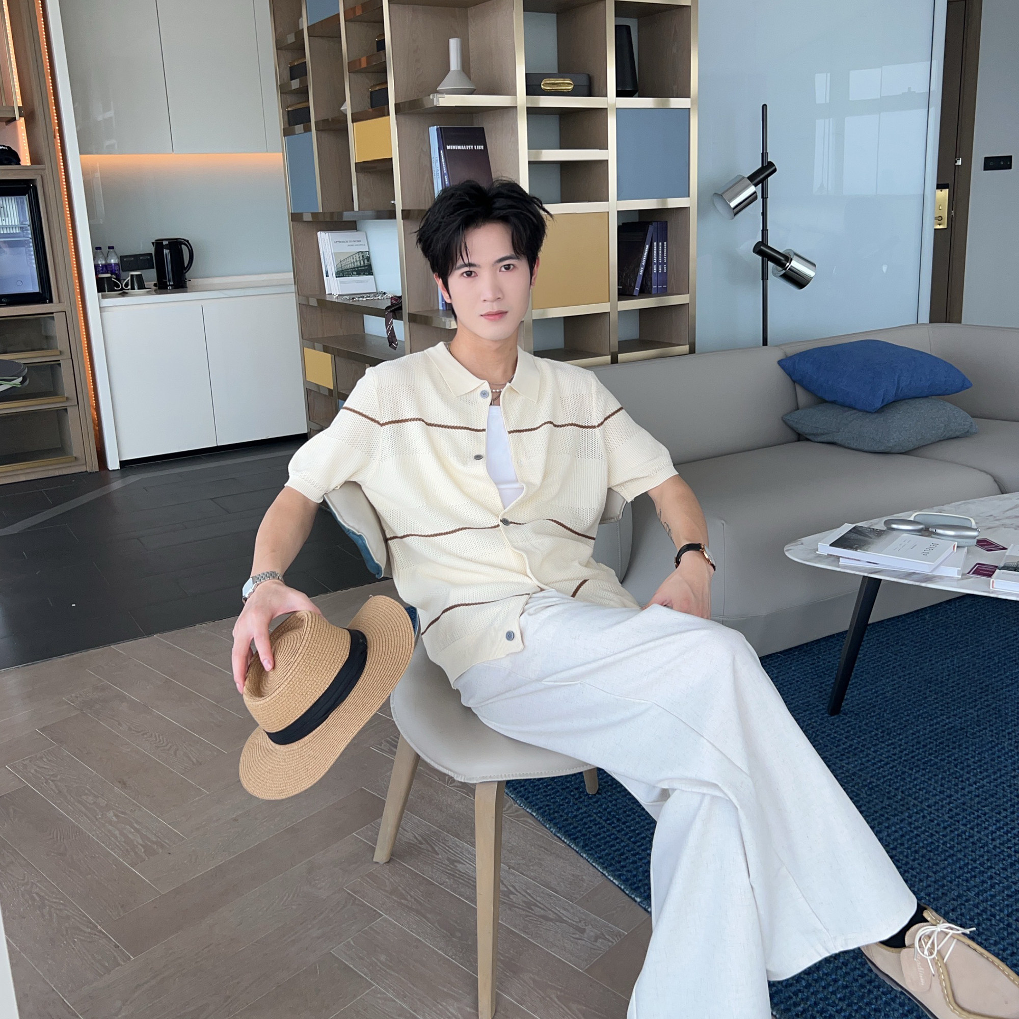 意式老钱风肌理感针织短袖开衫男款条纹夏季薄款镂空休闲翻领t恤
