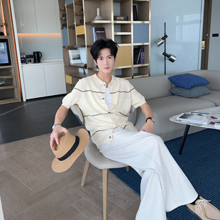 意式老钱风肌理感针织短袖开衫男款条纹夏季薄款镂空休闲翻领t恤