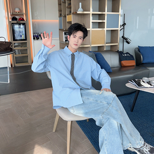 春秋自带领带设计感衬衫男款长袖高级感格子衬衣韩版宽松休闲上衣