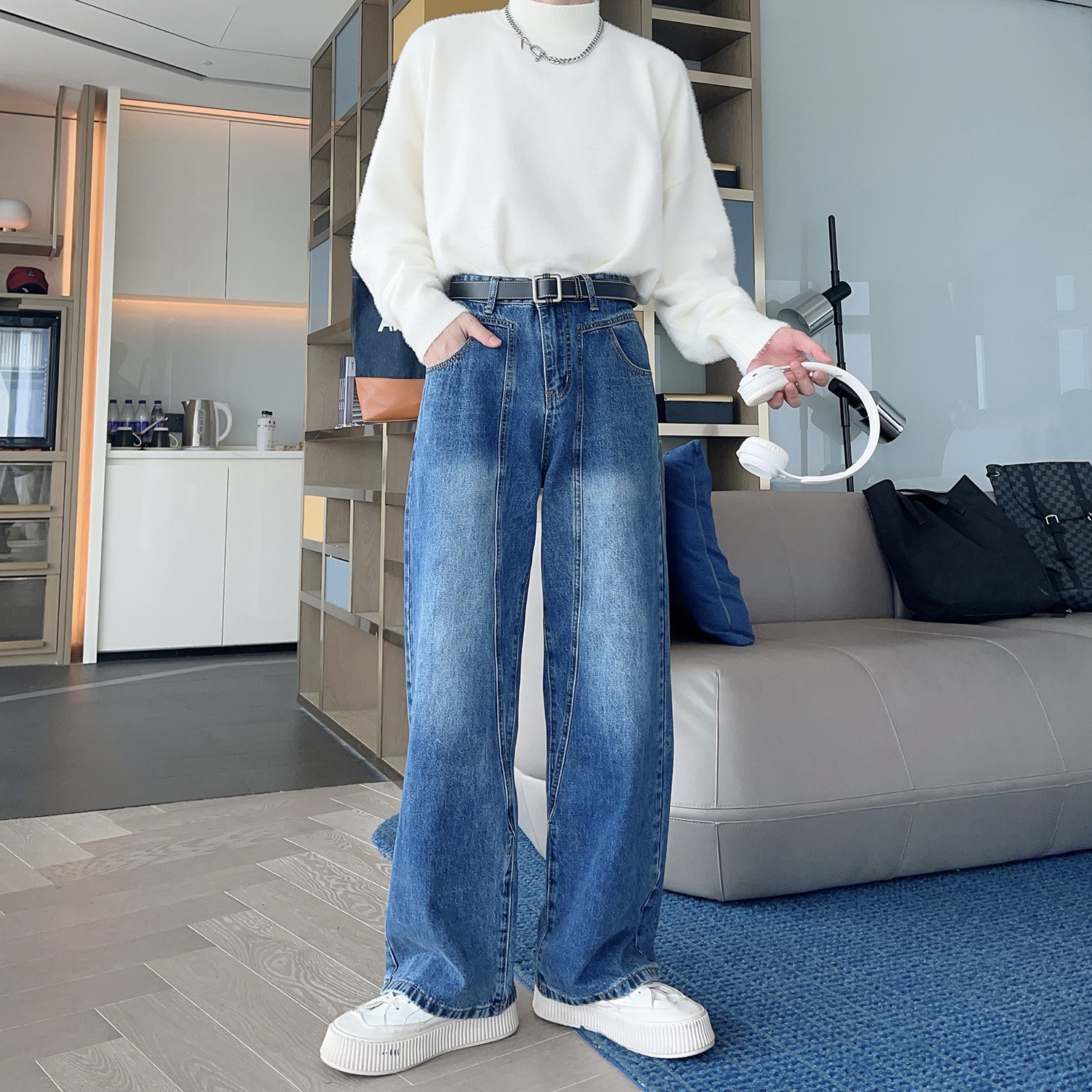 春夏cleanfit阔腿蓝色牛仔裤男韩