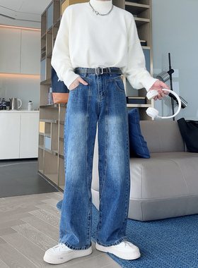 春秋cleanfit阔腿蓝色牛仔裤男韩系设计感潮牌百搭宽松直筒长裤子