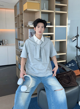 超好看男生ootd穿搭假两件上衣披肩设计款短袖T恤两件套男款衣服