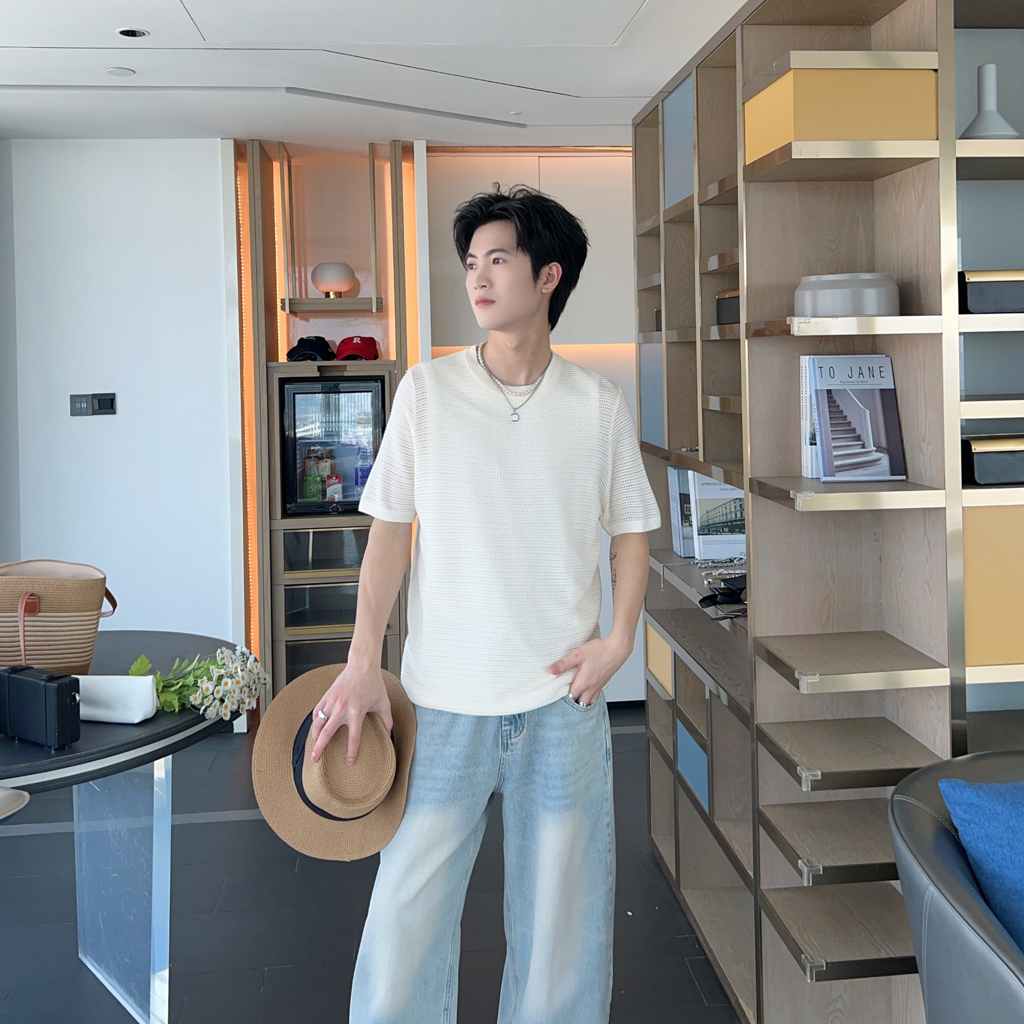 夏季超火肌理感镂空设计针织衫短袖T恤男款时髦感百搭含羊毛上衣