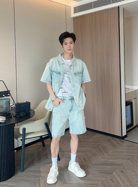 夏季美式复古工装短袖衬衫牛仔套装男生设计感牛仔外套短裤两件套