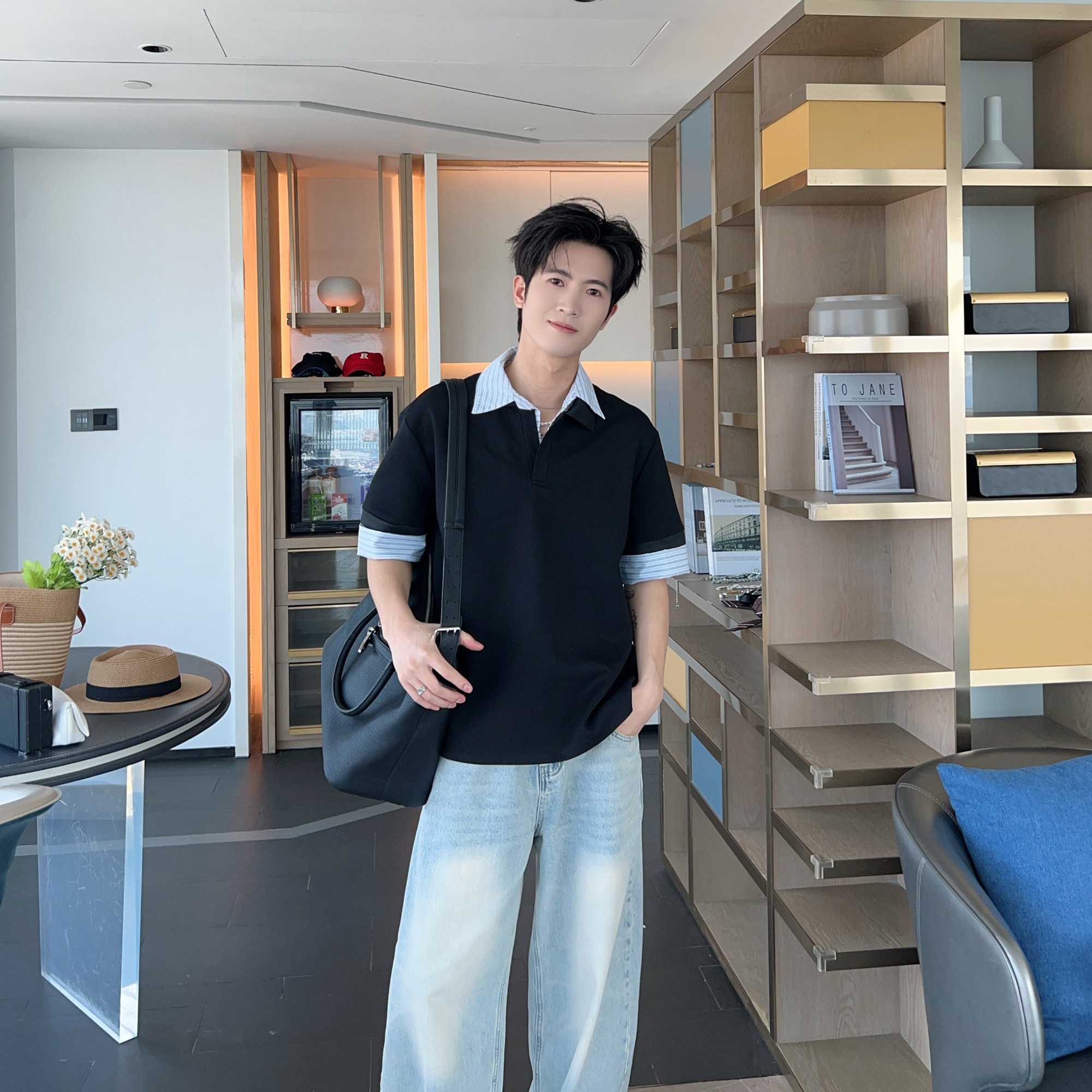 夏季新品假两件上衣拼条纹衬衫领五分袖T恤男款韩系帅气宽松短袖