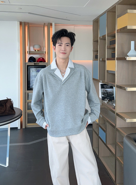 超好看男生ootd穿搭假两件上衣男衬衫领灰色卫衣男装韩版套头衣服