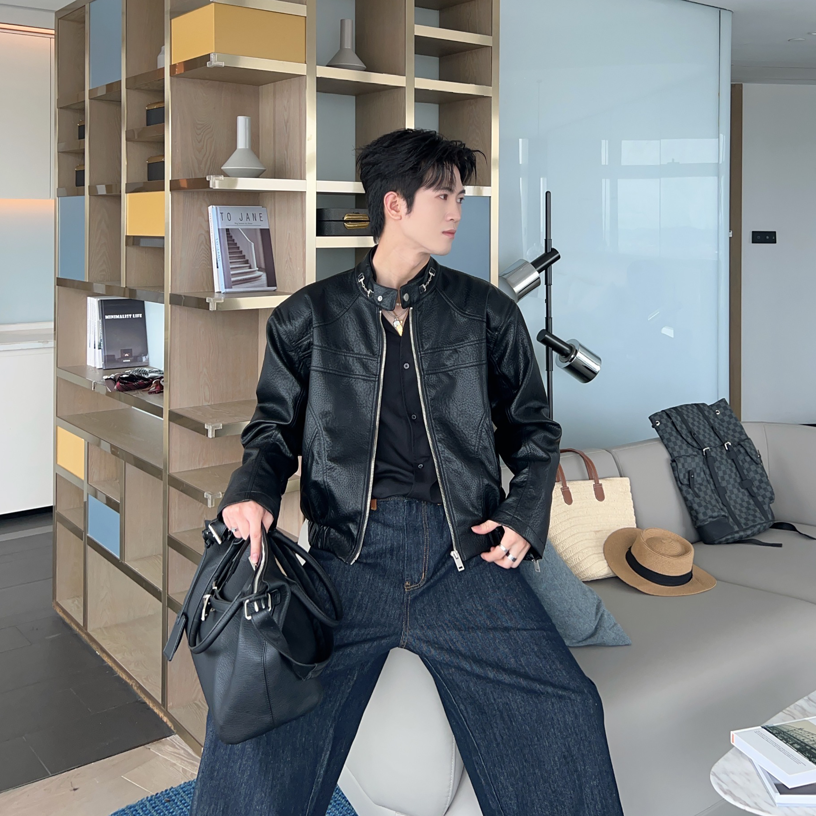痞帅高级感马蹄扣机车风皮衣夹克图片