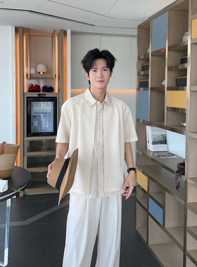 夏季男装轻奢老钱风假两件拼接条纹亚麻衬衫短袖男高级感休闲衬衣