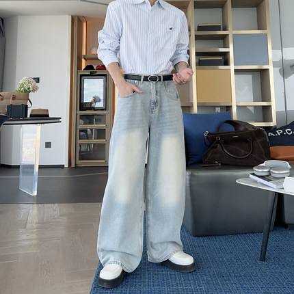 春夏韩系超好看水洗蓝色阔腿宽松牛仔裤男款cleanfit裤子百搭长裤