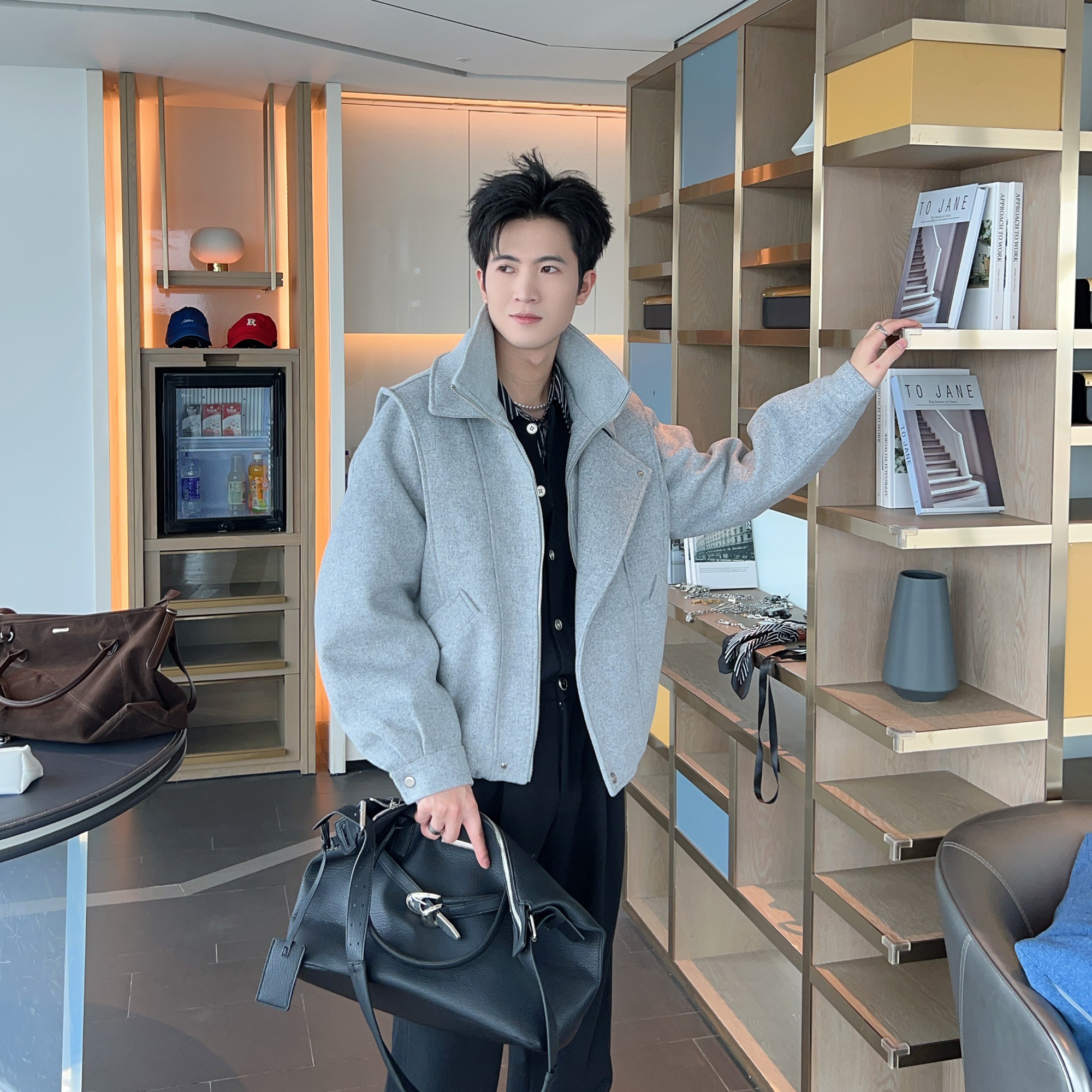 秋冬羊毛假两件毛呢立领夹克外套