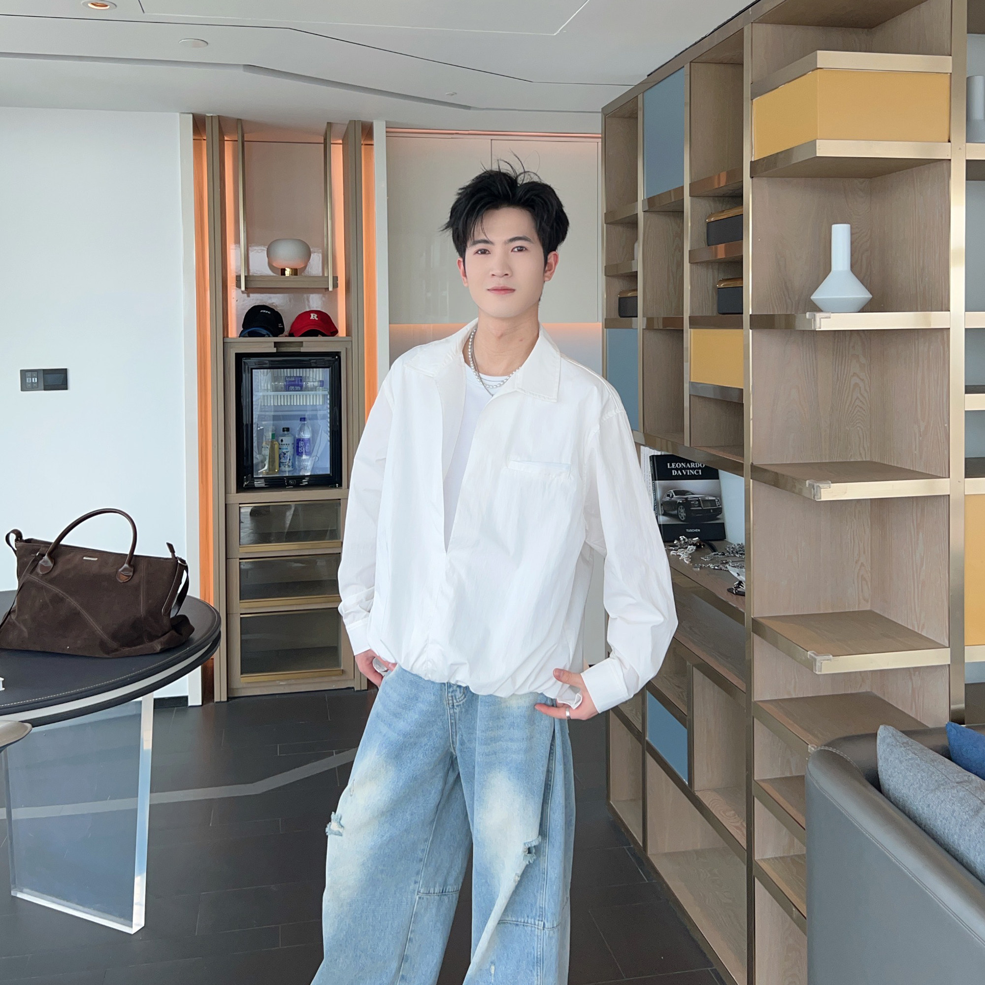假两件拼接叠穿长袖衬衫韩版衬衣图片
