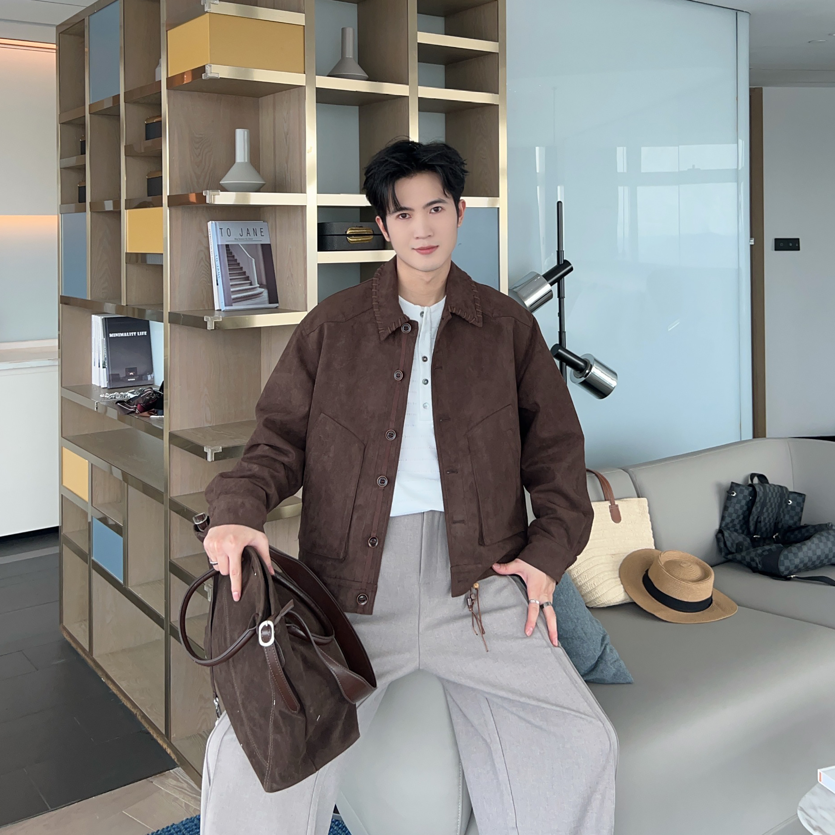 复古老钱风麂皮绒短款夹克外套男图片