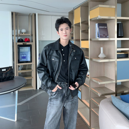 秋季阿美咔叽痞帅皮衣外套男夹克