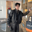 秋冬短款 痞帅高级感黑色皮衣外套男宽松立领垫肩加棉机车PU皮夹克