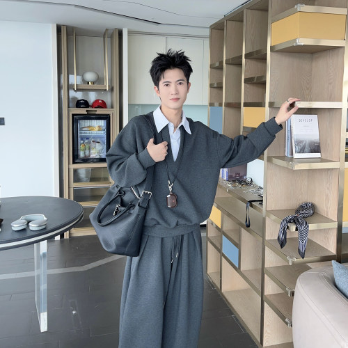 春秋衬衫领卫衣套装假两件两件套