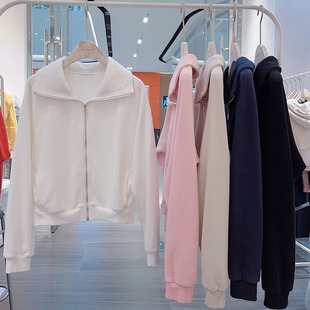 翻领磨毛加绒卫衣外套女春秋新款休闲运动拉链开衫小个子短款